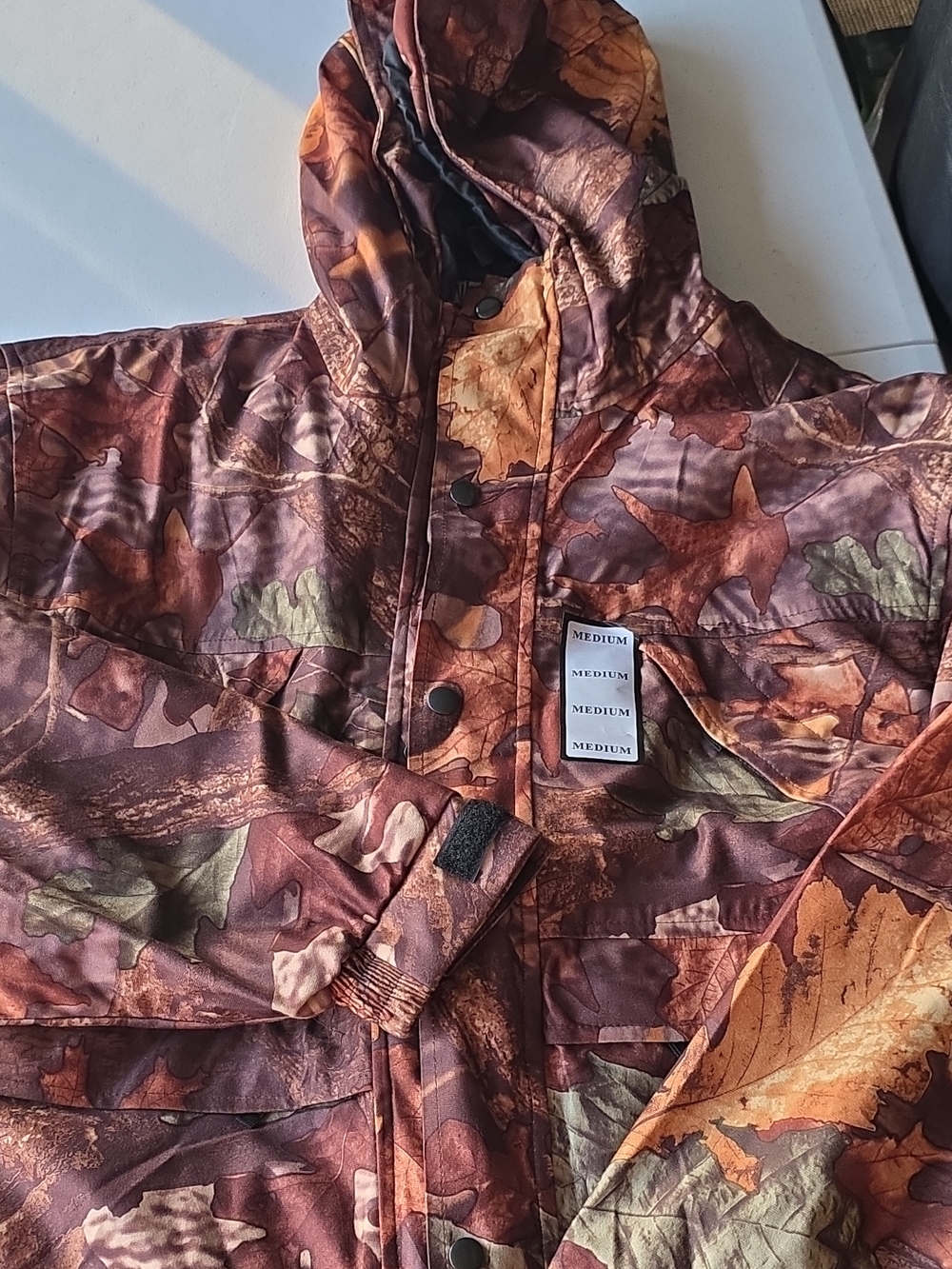 Waterproof Camouflage Hooded Jacket and Pants in Autumn Leaf Print (Rainsuit)